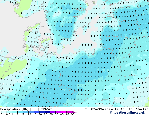 Nied. akkumuliert (6Std) ECMWF So 02.06.2024 18 UTC