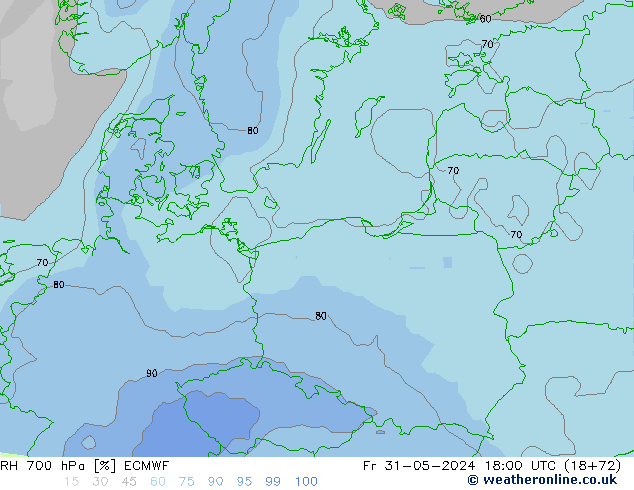 RH 700 гПа ECMWF пт 31.05.2024 18 UTC