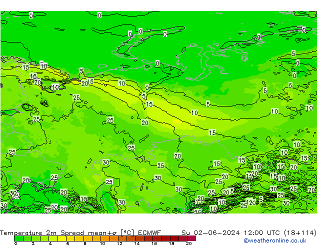 Temperatura 2m Spread ECMWF Dom 02.06.2024 12 UTC