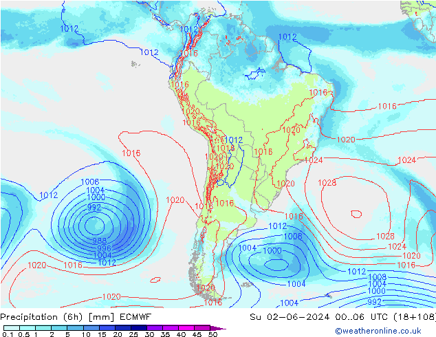 Totale neerslag (6h) ECMWF zo 02.06.2024 06 UTC