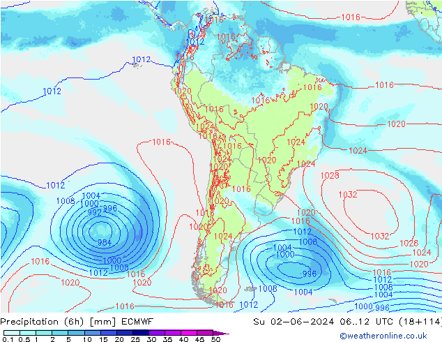 Precipitation (6h) ECMWF Su 02.06.2024 12 UTC