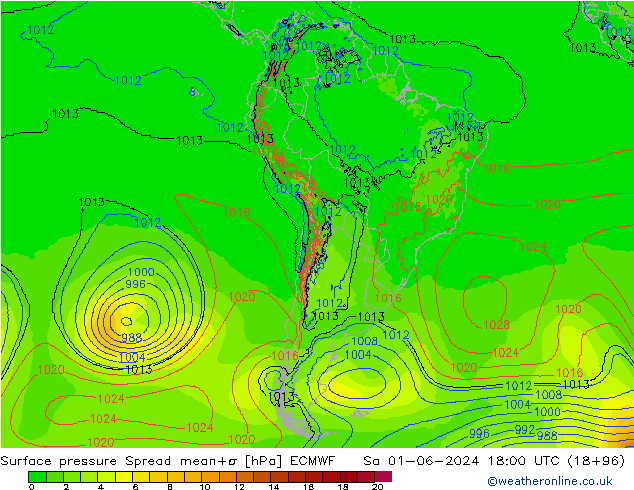 Surface pressure Spread ECMWF Sa 01.06.2024 18 UTC