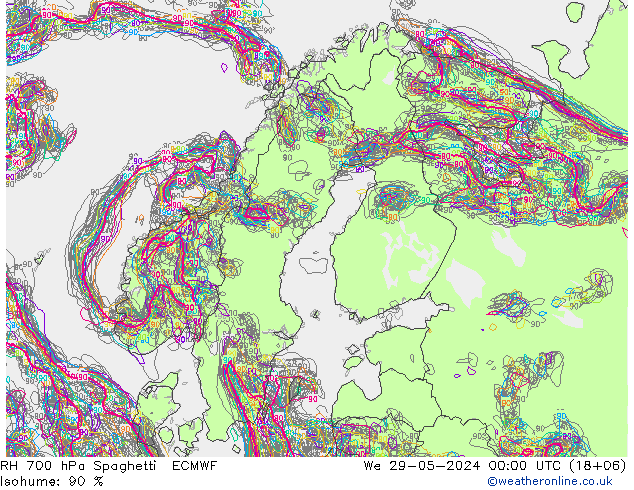 RH 700 hPa Spaghetti ECMWF Mi 29.05.2024 00 UTC