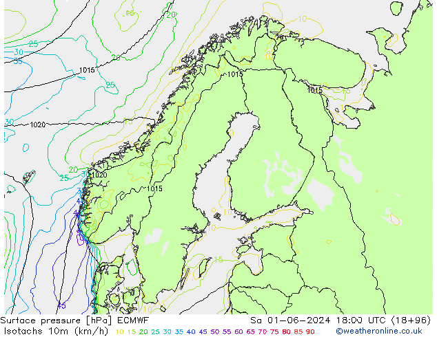 Isotachs (kph) ECMWF Sa 01.06.2024 18 UTC