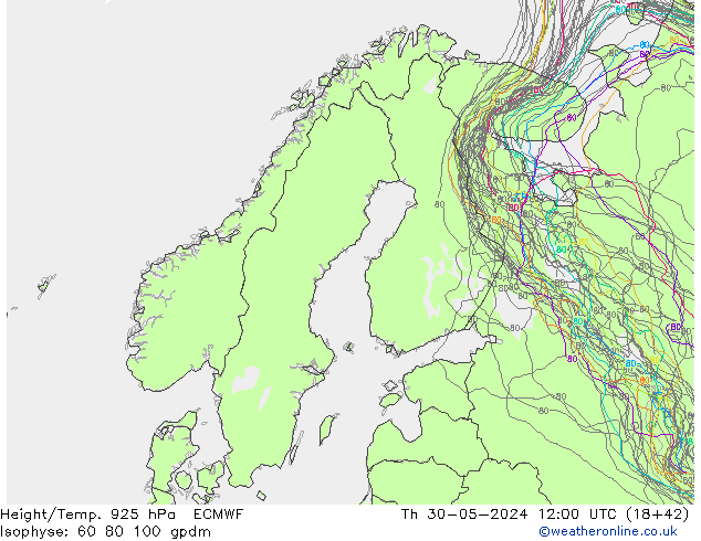 Height/Temp. 925 hPa ECMWF czw. 30.05.2024 12 UTC