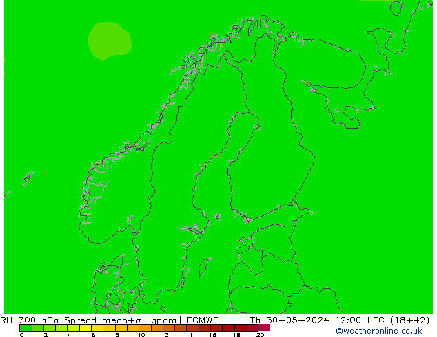 RH 700 hPa Spread ECMWF czw. 30.05.2024 12 UTC