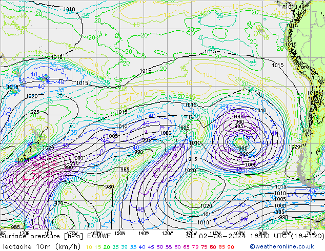 Eşrüzgar Hızları (km/sa) ECMWF Paz 02.06.2024 18 UTC