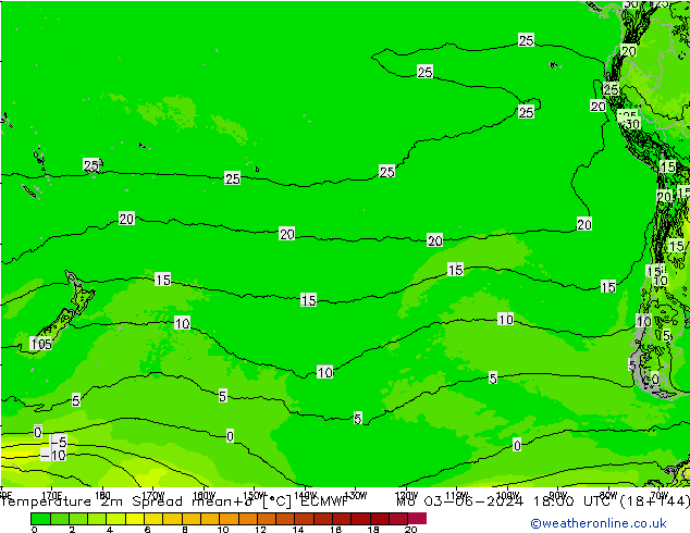 Temperature 2m Spread ECMWF Mo 03.06.2024 18 UTC