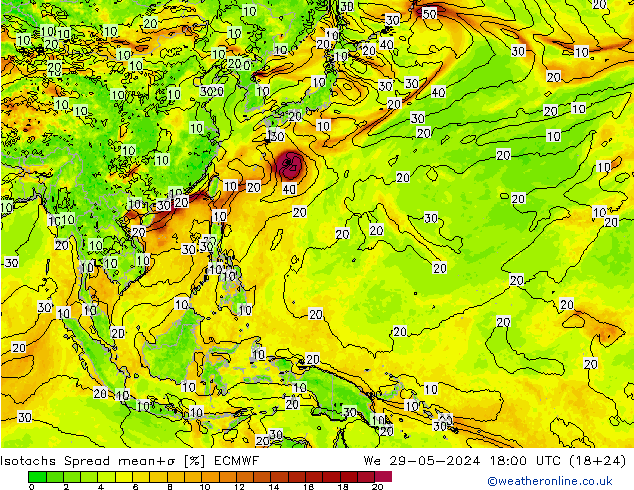 Isotachen Spread ECMWF wo 29.05.2024 18 UTC