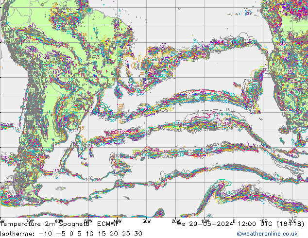 Temperatura 2m Spaghetti ECMWF mer 29.05.2024 12 UTC