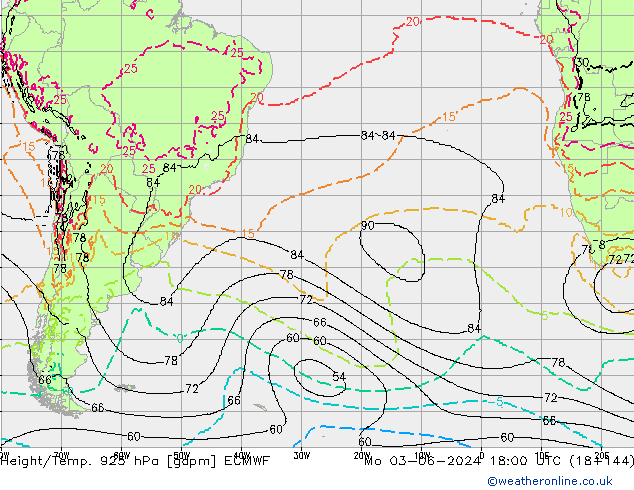 Height/Temp. 925 гПа ECMWF пн 03.06.2024 18 UTC