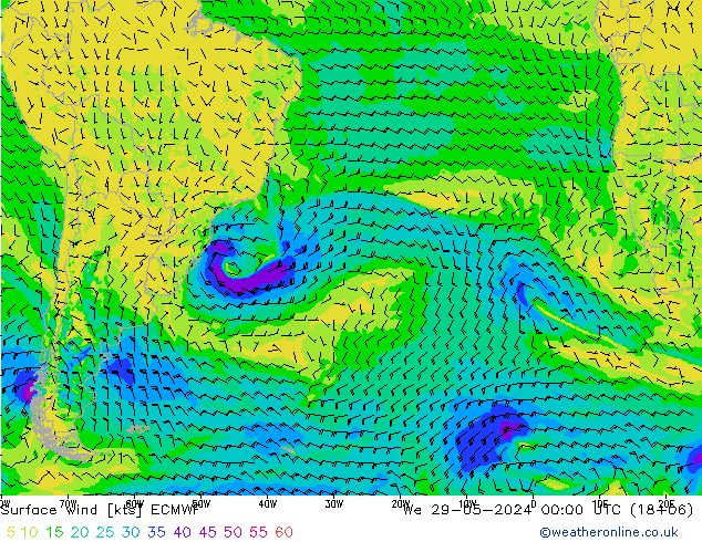 Viento 10 m ECMWF mié 29.05.2024 00 UTC