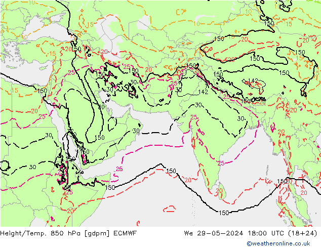 Geop./Temp. 850 hPa ECMWF mié 29.05.2024 18 UTC