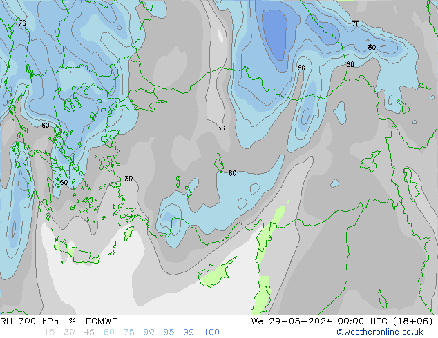 Humidité rel. 700 hPa ECMWF mer 29.05.2024 00 UTC