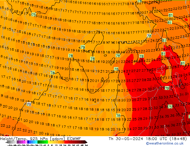 Height/Temp. 925 hPa ECMWF czw. 30.05.2024 18 UTC