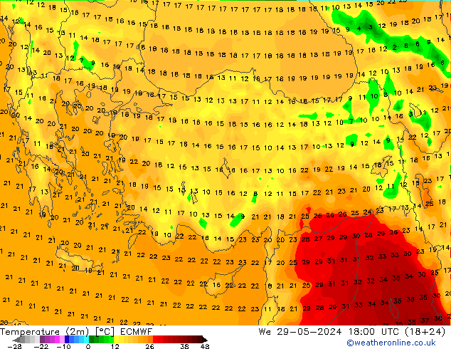 mapa temperatury (2m) ECMWF śro. 29.05.2024 18 UTC