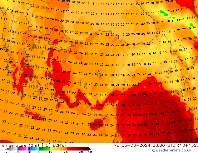 Sıcaklık Haritası (2m) ECMWF Pzt 03.06.2024 06 UTC