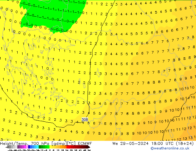 Yükseklik/Sıc. 700 hPa ECMWF Çar 29.05.2024 18 UTC