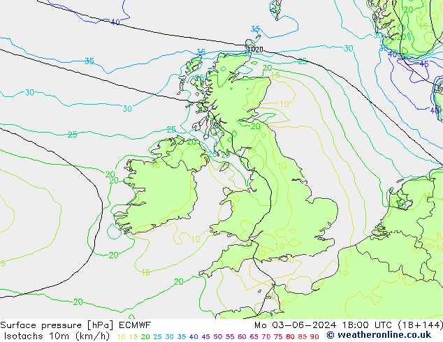 Isotachs (kph) ECMWF Mo 03.06.2024 18 UTC