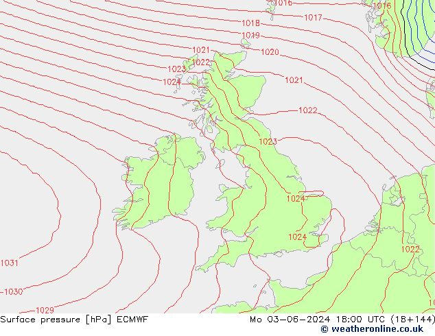 Atmosférický tlak ECMWF Po 03.06.2024 18 UTC