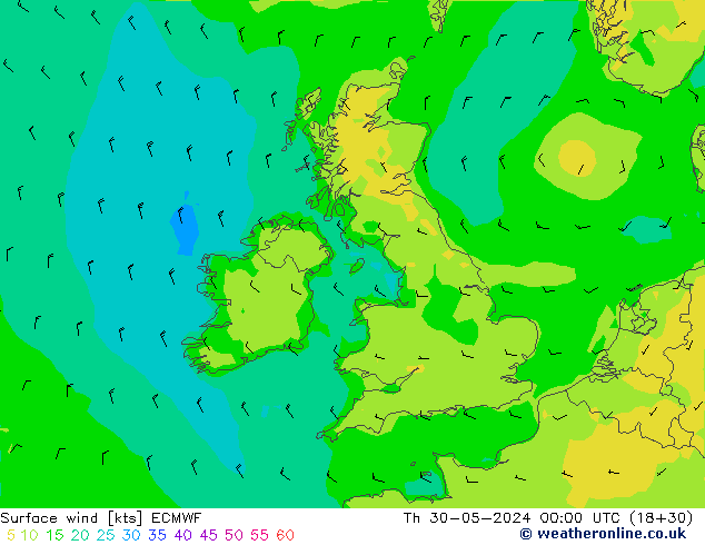 Wind 10 m ECMWF do 30.05.2024 00 UTC