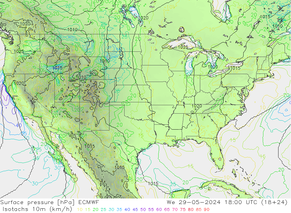 Izotacha (km/godz) ECMWF śro. 29.05.2024 18 UTC