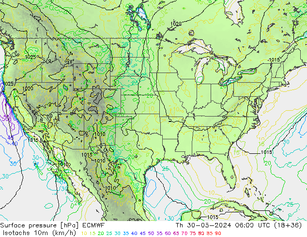 Isotachen (km/h) ECMWF do 30.05.2024 06 UTC