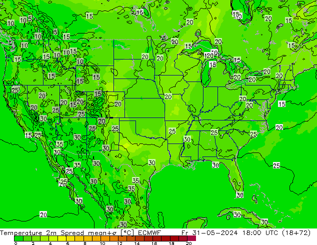 Temperature 2m Spread ECMWF Pá 31.05.2024 18 UTC