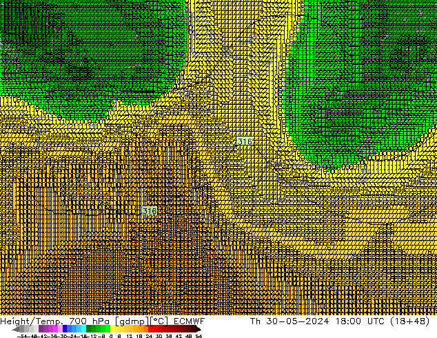 Height/Temp. 700 hPa ECMWF Th 30.05.2024 18 UTC