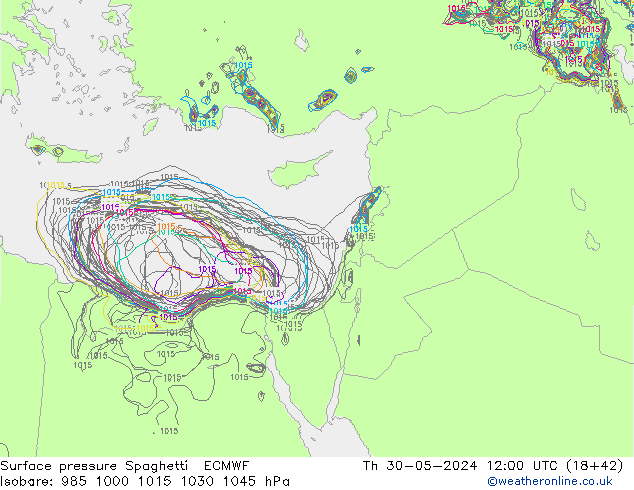 Surface pressure Spaghetti ECMWF Th 30.05.2024 12 UTC