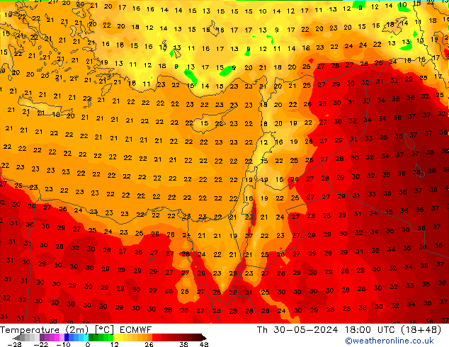 Temperatura (2m) ECMWF Qui 30.05.2024 18 UTC