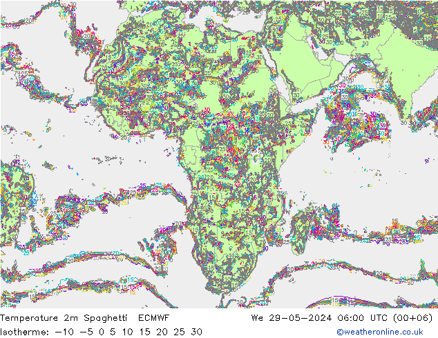 Temperatura 2m Spaghetti ECMWF Qua 29.05.2024 06 UTC