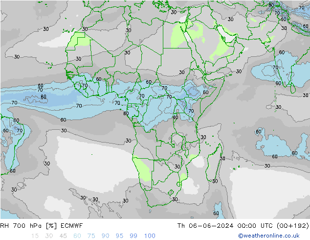 Humidité rel. 700 hPa ECMWF jeu 06.06.2024 00 UTC