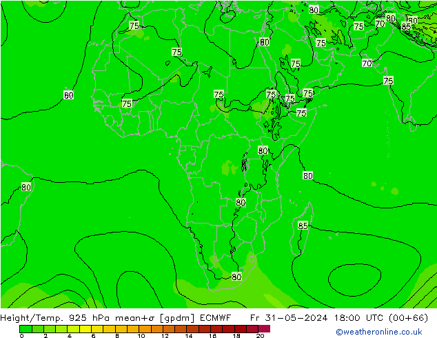 Hoogte/Temp. 925 hPa ECMWF vr 31.05.2024 18 UTC