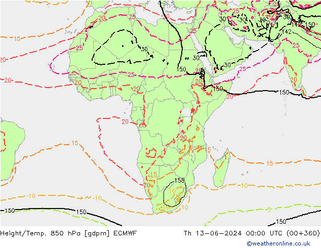 Yükseklik/Sıc. 850 hPa ECMWF Per 13.06.2024 00 UTC