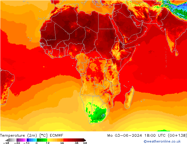 Sıcaklık Haritası (2m) ECMWF Pzt 03.06.2024 18 UTC