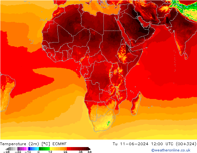 Temperature (2m) ECMWF Tu 11.06.2024 12 UTC