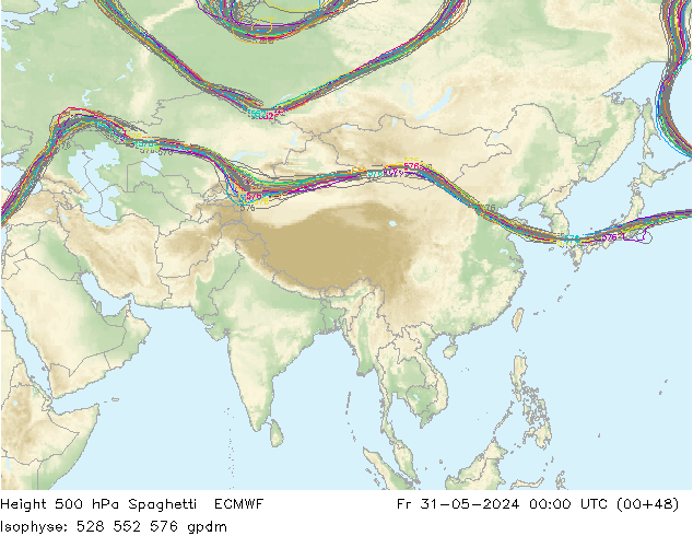 Geop. 500 hPa Spaghetti ECMWF vie 31.05.2024 00 UTC