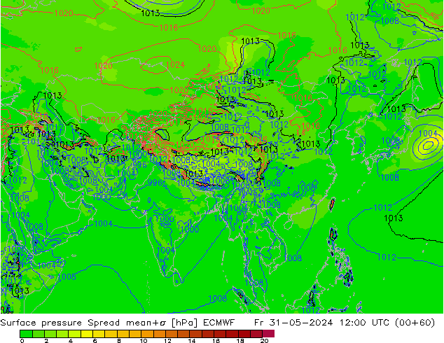 Surface pressure Spread ECMWF Fr 31.05.2024 12 UTC