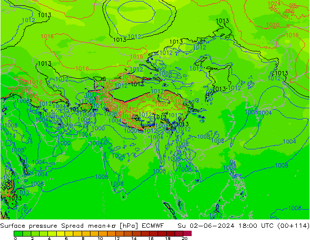 Surface pressure Spread ECMWF Su 02.06.2024 18 UTC