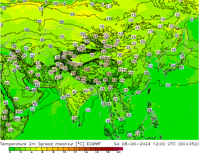 température 2m Spread ECMWF sam 08.06.2024 12 UTC