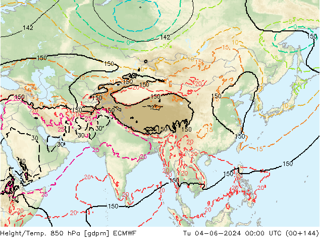 Height/Temp. 850 hPa ECMWF Út 04.06.2024 00 UTC