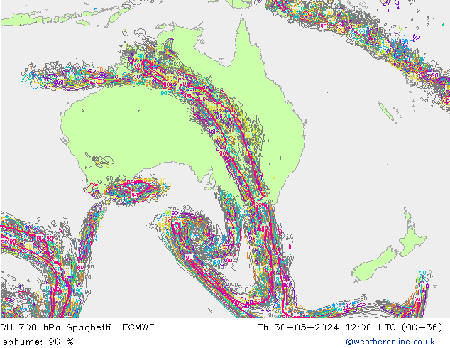 Humedad rel. 700hPa Spaghetti ECMWF jue 30.05.2024 12 UTC