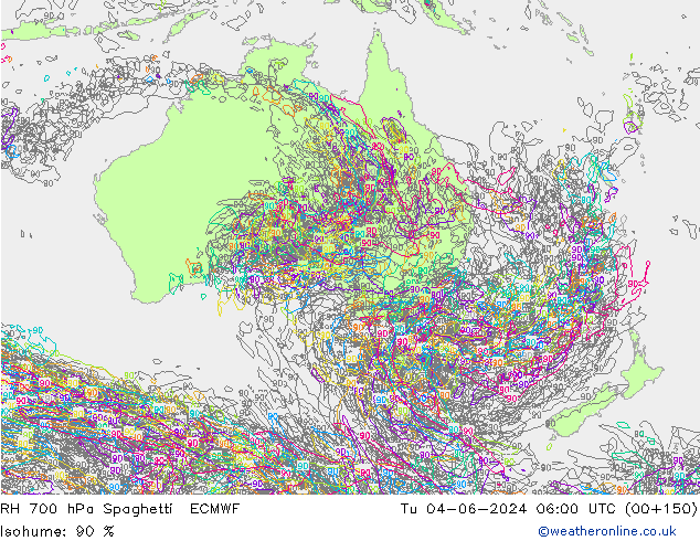 RH 700 hPa Spaghetti ECMWF Di 04.06.2024 06 UTC