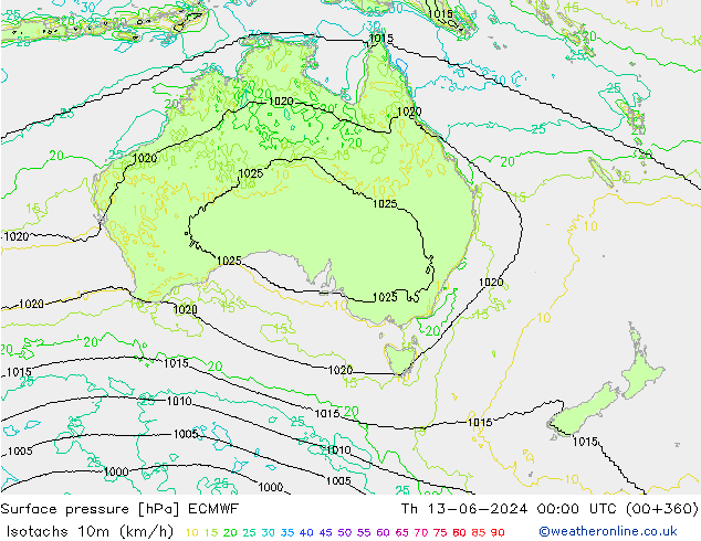 Isotachs (kph) ECMWF чт 13.06.2024 00 UTC