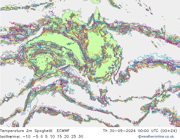 Temperature 2m Spaghetti ECMWF Čt 30.05.2024 00 UTC