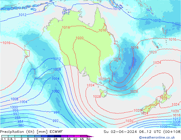 Precipitation (6h) ECMWF Su 02.06.2024 12 UTC