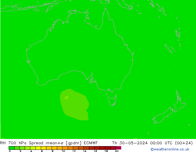 RH 700 hPa Spread ECMWF Čt 30.05.2024 00 UTC