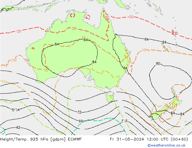 Hoogte/Temp. 925 hPa ECMWF vr 31.05.2024 12 UTC