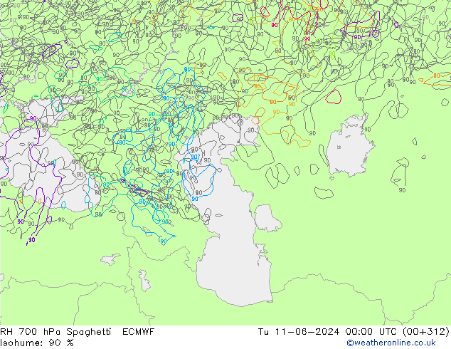 RH 700 hPa Spaghetti ECMWF Tu 11.06.2024 00 UTC